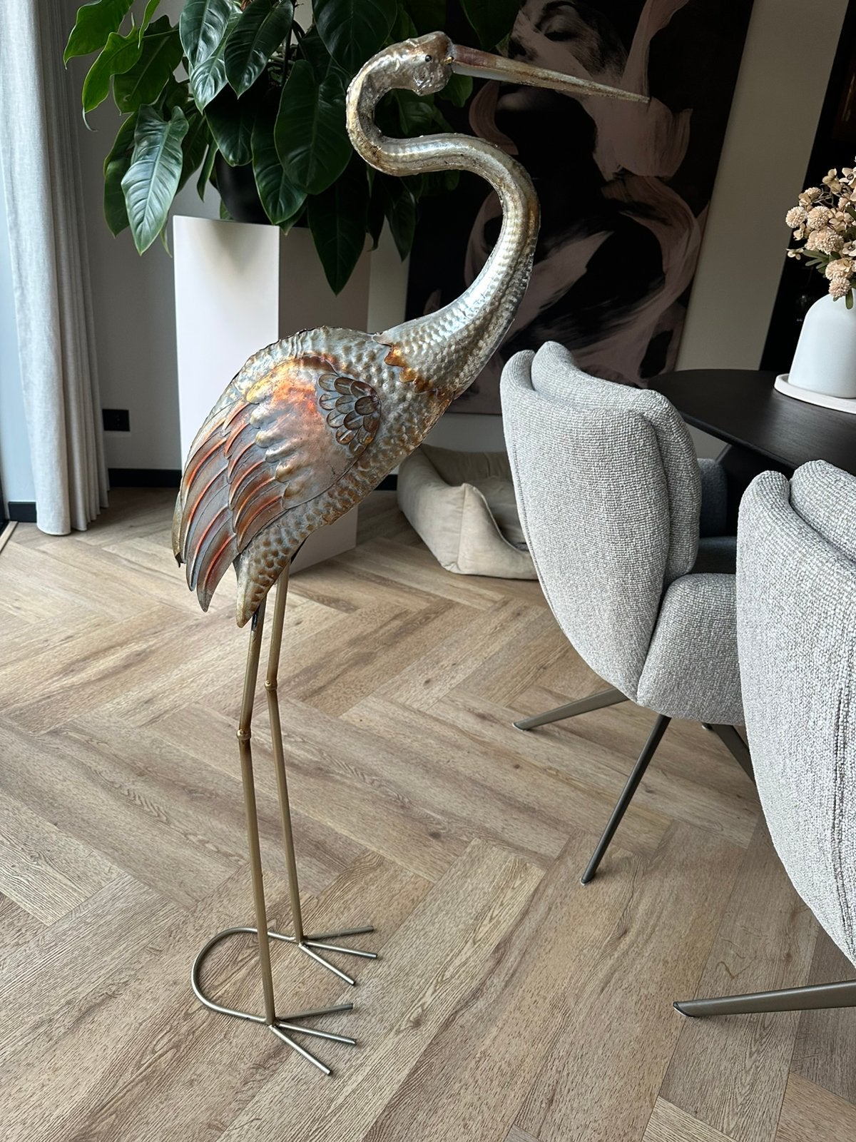 Twee metalen flamingo beelden – industriële decoratie, Ophalen, Zo goed als nieuw