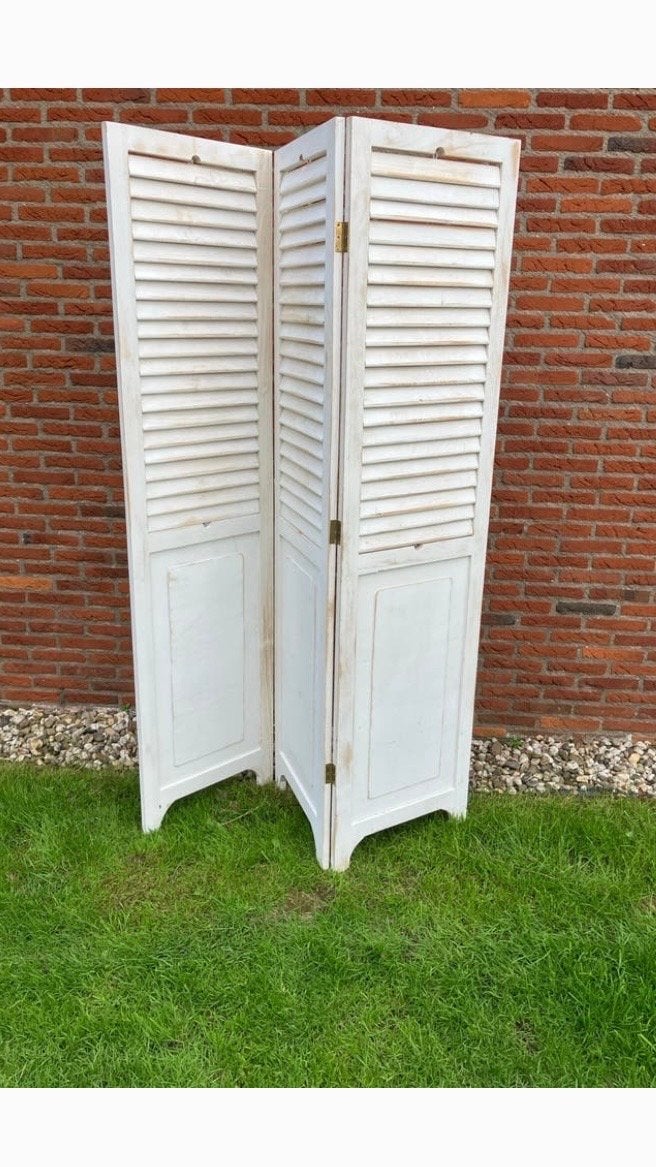 Vintage Witte Houten Kamerscherm / Roomdivider, Ophalen, Gebruikt
