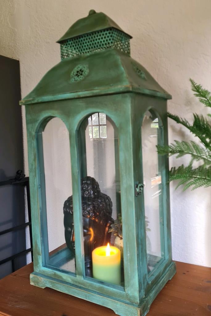 Xl lantaarn windlicht vitrine 75 cm vintage stijl groen, Ophalen of Verzenden, Zo goed als nieuw, 75 cm of meer, Kandelaar