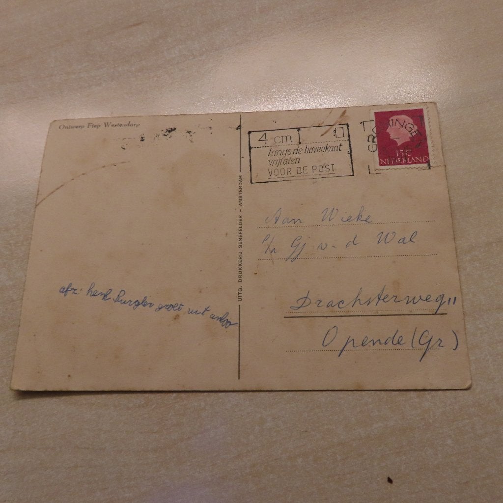 ansichtkaarten thema Fiep Westendorp, Pieck, Schuurman valk, Verzenden