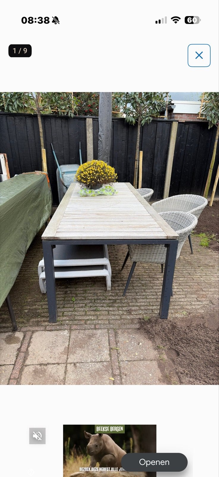 Bellagio tuinset: tafel met 6 wicker stoelen en kussens, Ophalen, Gebruikt, Rechthoekig, Aluminium
