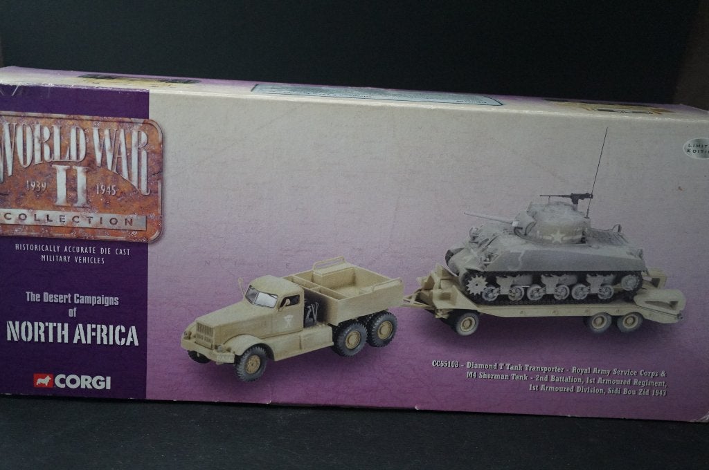 Corgi Diamond T tank transport met Sherman - 1/50 - Lim. ed., Ophalen of Verzenden, Zo goed als nieuw, Bus of Vrachtwagen, Corgi