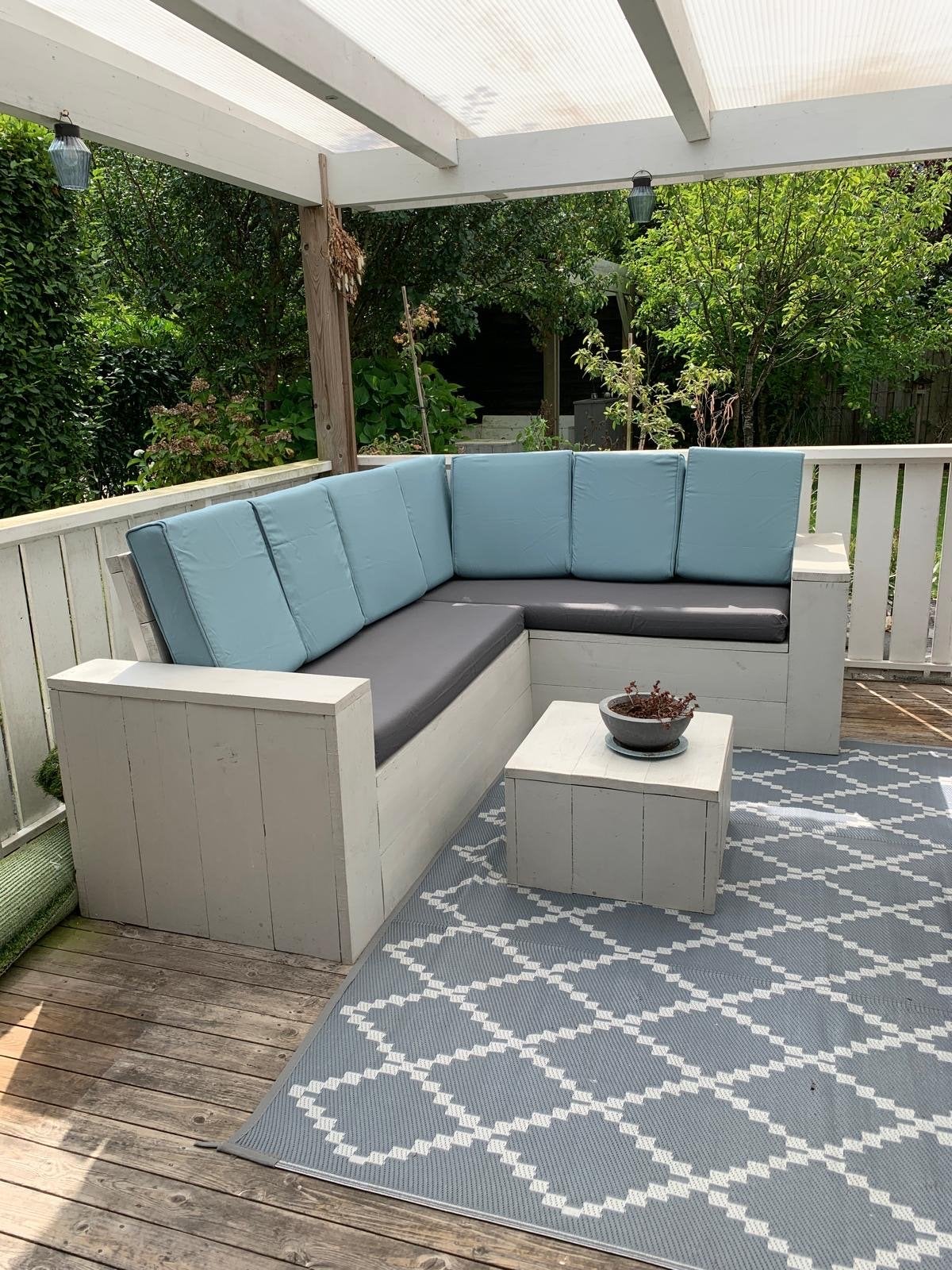 Steigerhouten loungeset met kussens, Tuin en Terras, Ophalen, 5 zitplaatsen, Gebruikt, Steigerhout