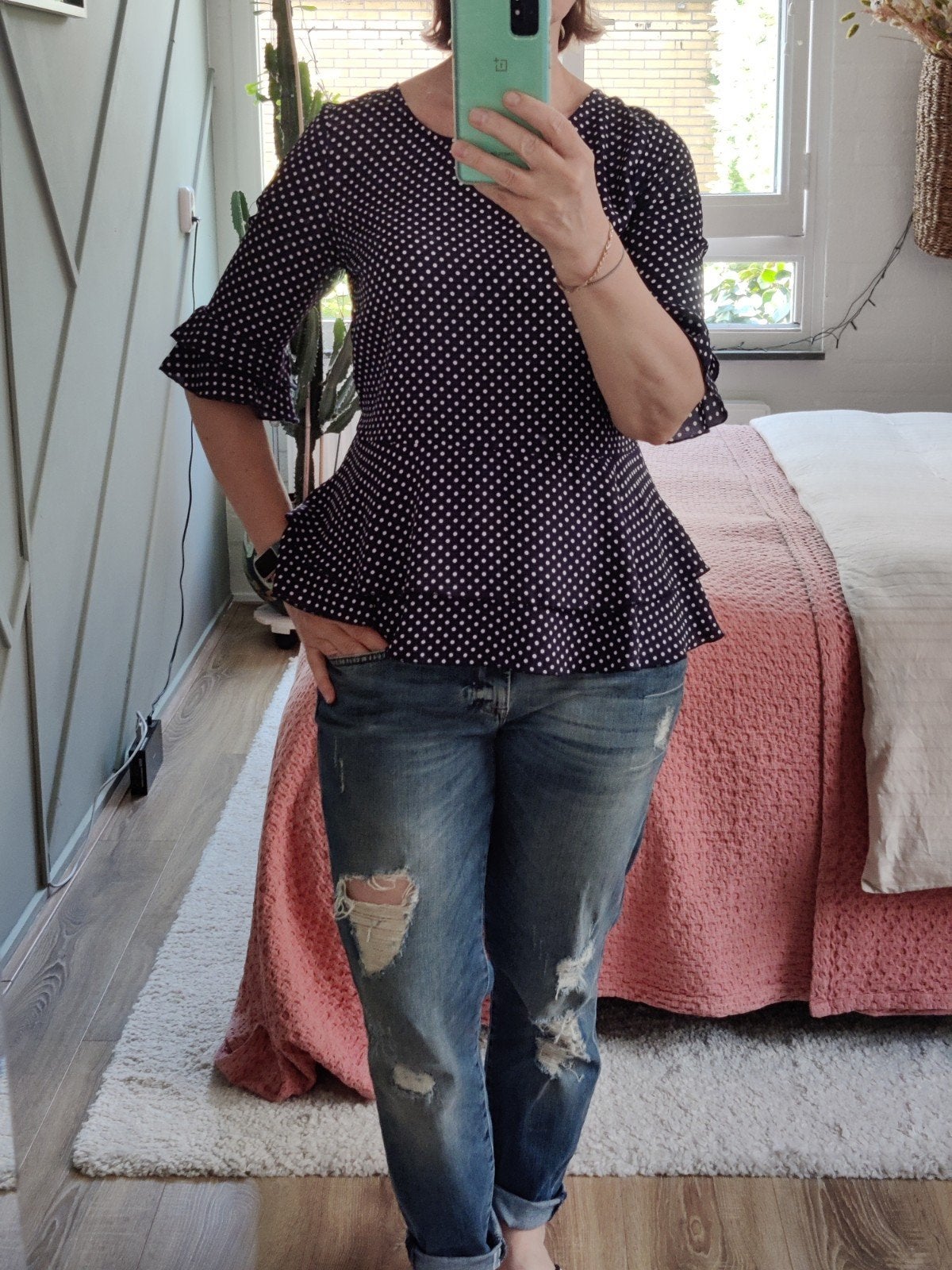 Modstrom polkadot blouse met ruches in maat S., Zo goed als nieuw, Lange mouw, Maat 36 (S), Modstrom