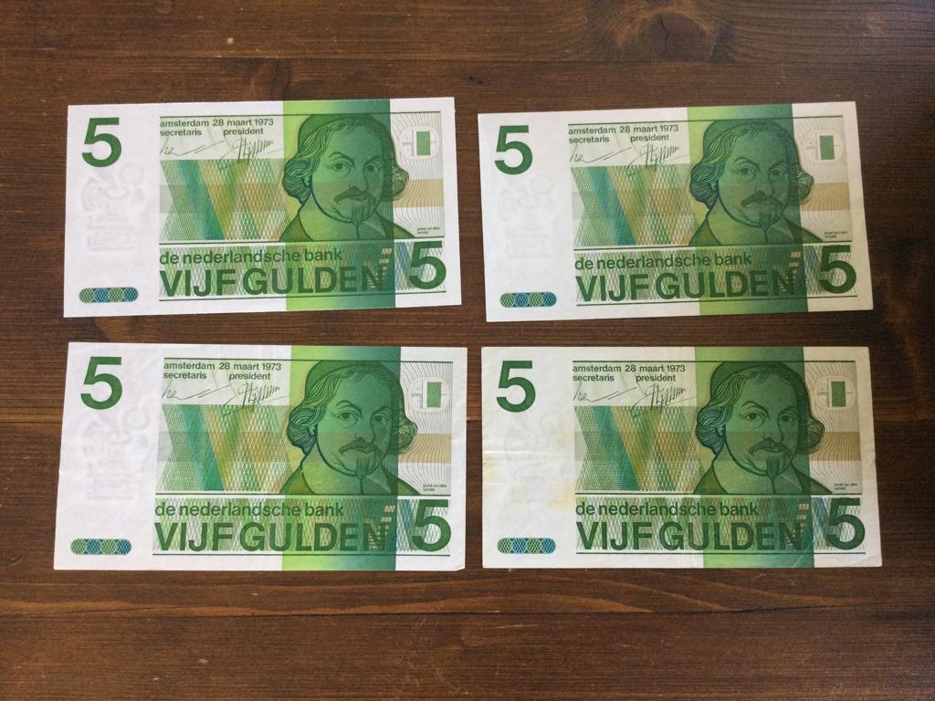 4 bankbiljetten van Vijf 5 gulden van 28 maart 1973, Postzegels en Munten, Bankbiljetten | Nederland, Ophalen of Verzenden, 5 gulden