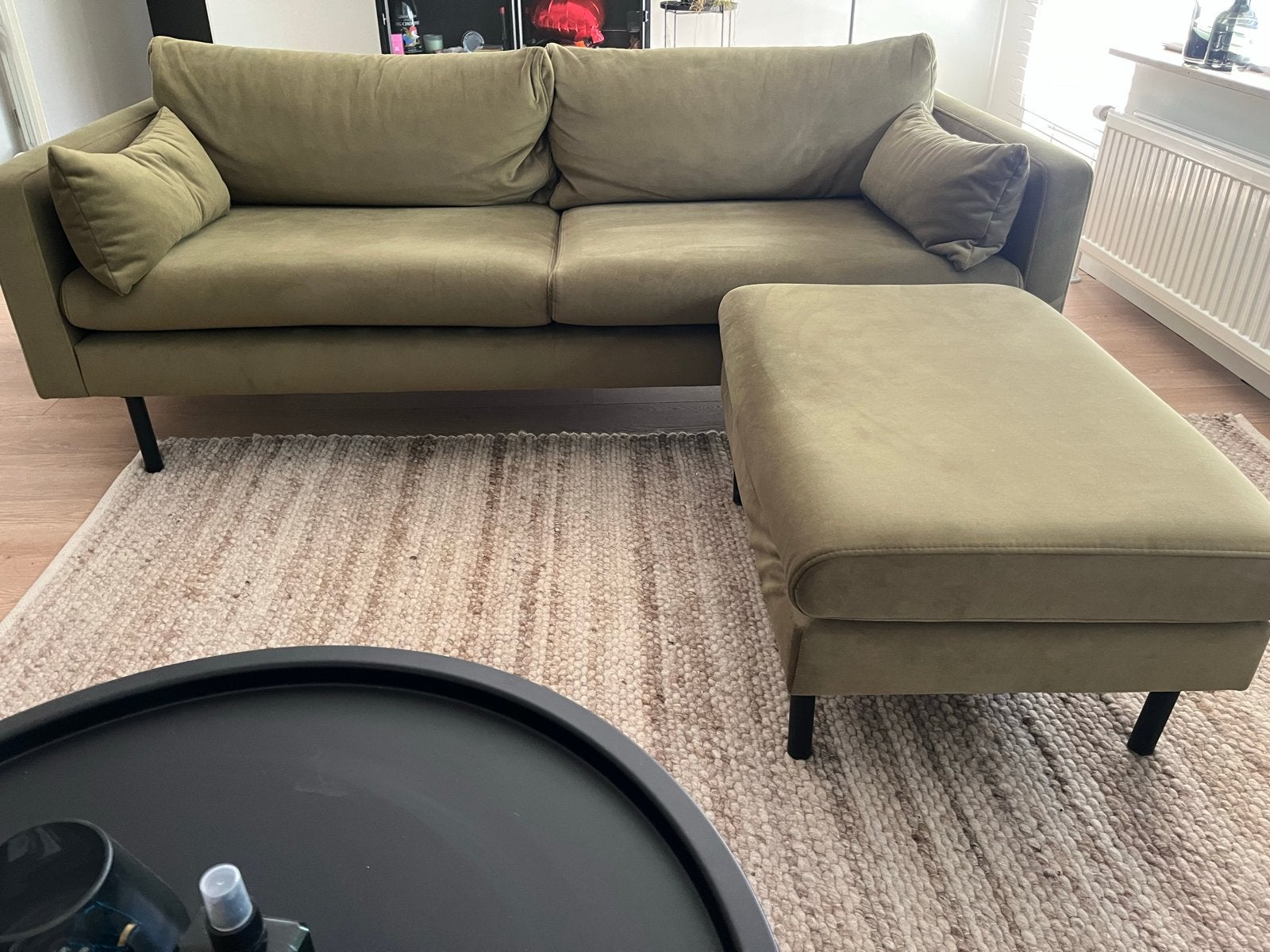 NOUS Living Adam 3-zitsbank met hocker - Kaki, Ophalen, Driepersoons, 75 tot 100 cm, Zo goed als nieuw