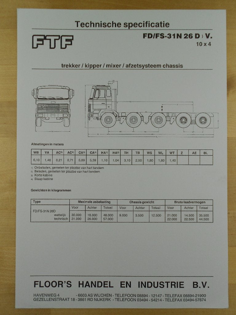 FTF 10x4 ca 1990 Technische Specificatie Brochure, FTF, Ophalen of Verzenden, Zo goed als nieuw, Overige merken