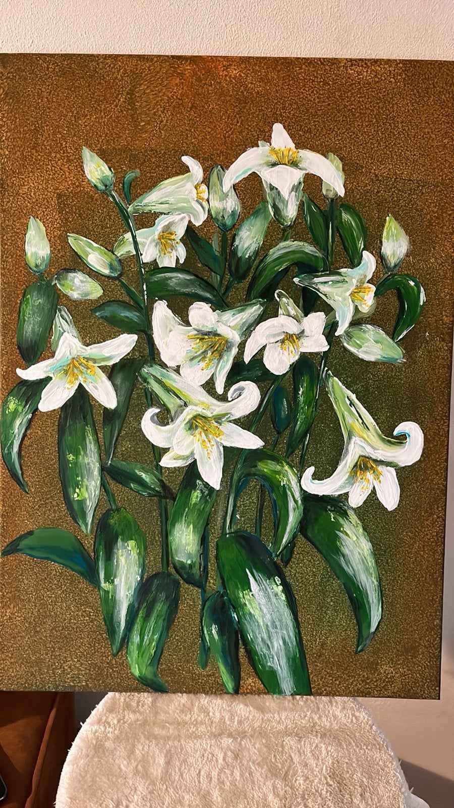 Schilderij met witte lelies - akrylop doek, Bloemen, Doek, Realistisch, Ophalen of Verzenden