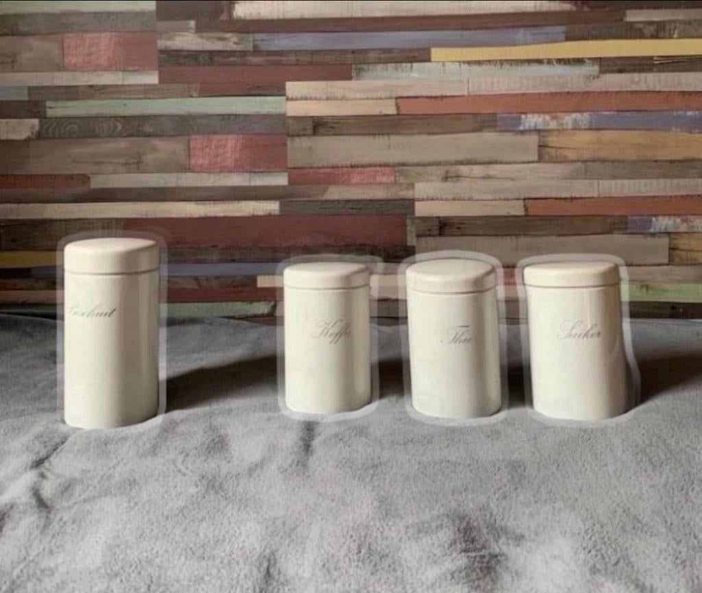 Brabantia witte beschuitpot en 3 voorraadpotten., Ophalen of Verzenden, Gebruikt, Overige materialen, Pot, Bus of Blik