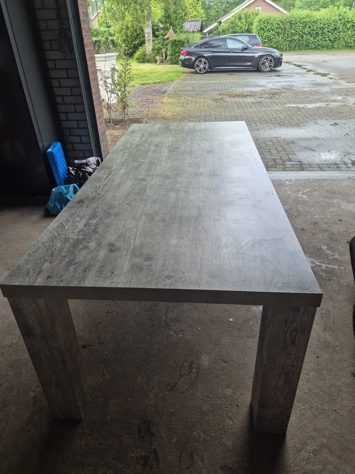 Robuuste eettafel, grijs hout, 220x100 cm, Ophalen, Gebruikt, Modern, Industrieel, 200 cm of meer