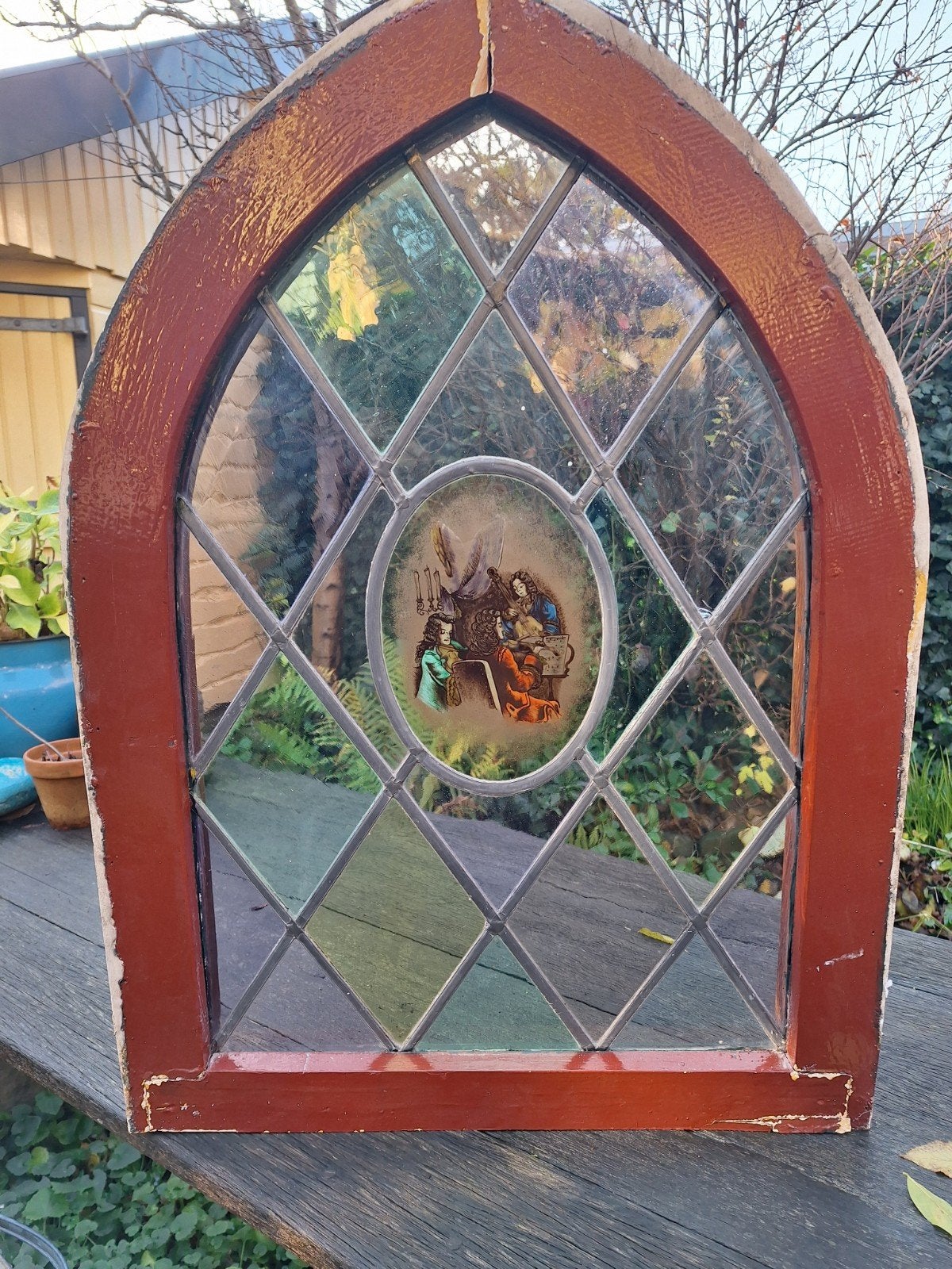 Oud glas in lood raam met brandschildering, Gevelraam of Ruit, Minder dan 80 cm, Ophalen of Verzenden, Minder dan 80 cm