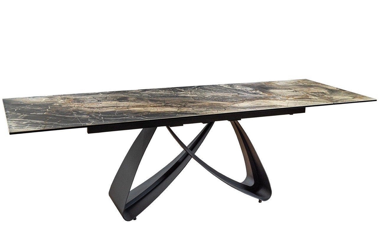 Moderne uitschuifbare eettafel met marmerlook blad, Ophalen, 50 tot 100 cm, Vijf personen of meer, Glas