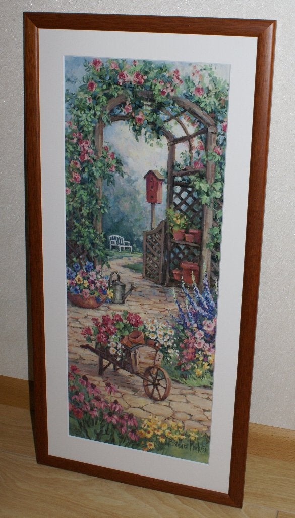 schilderij/kunstwerk van een bloeiende tuin, Antiek en Kunst, Ophalen, Realistisch, Achter glas, Bloemen