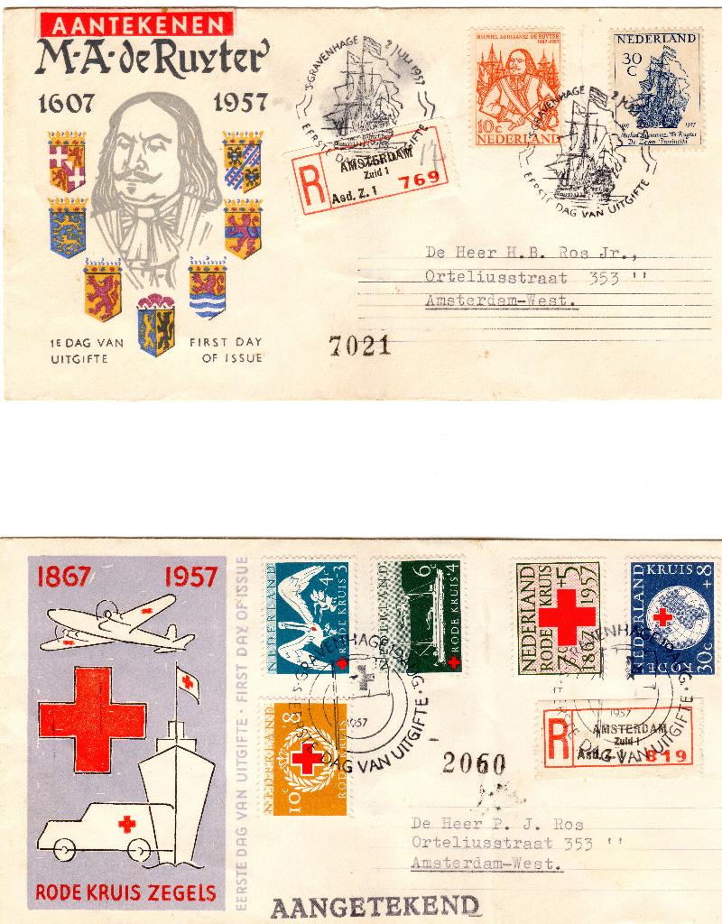 2 Eerstedag Enveloppen Michiel de Ruyter + Rode Kruis 1957, Postzegels en Munten, Postzegels | Eerstedagenveloppen, Ophalen of Verzenden