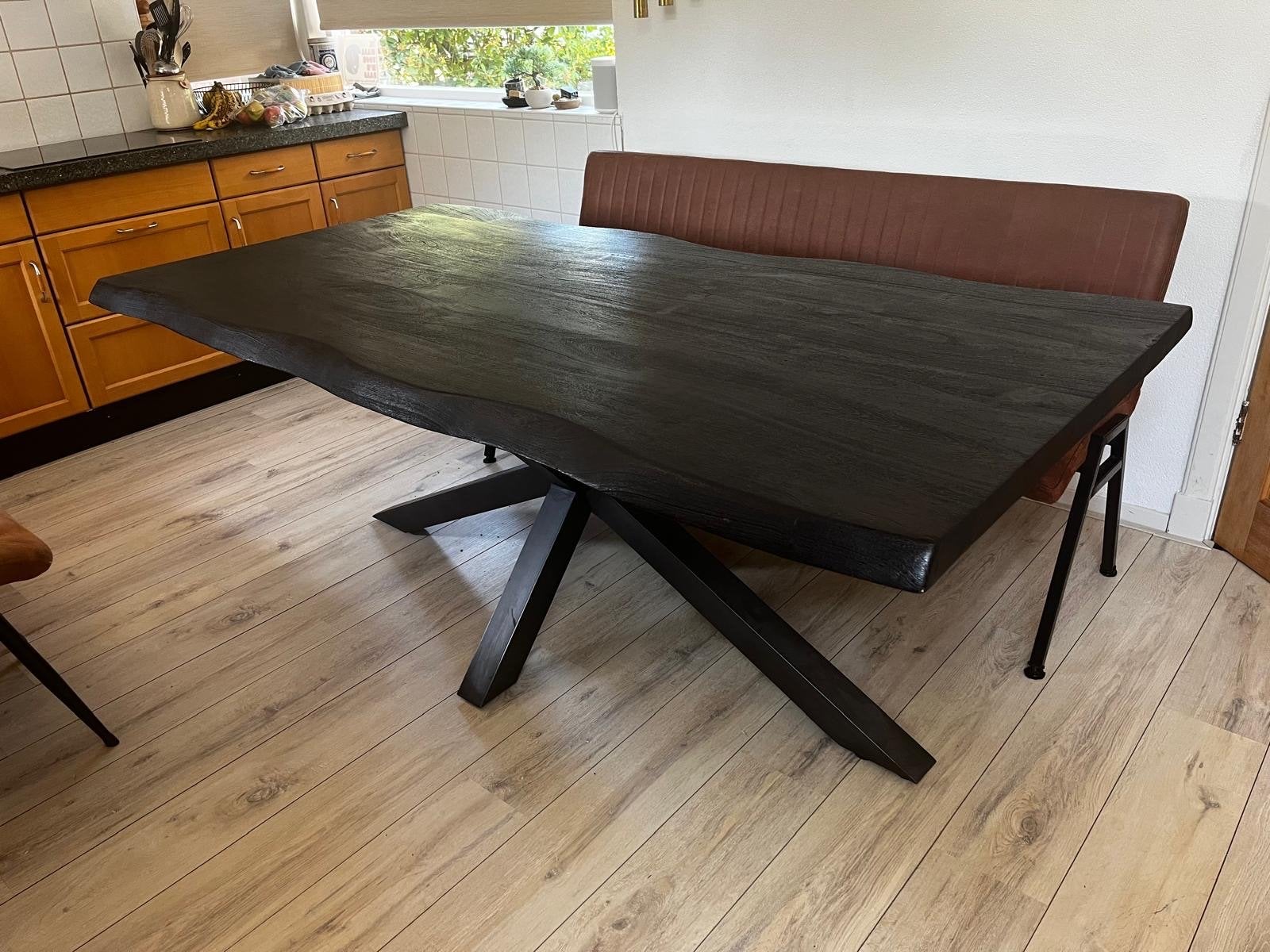 Zwarte boomstamtafel, spinpoot, 200x100x78cm(h), 5cm dik, Ophalen, 200 cm of meer, 50 tot 100 cm, Zo goed als nieuw