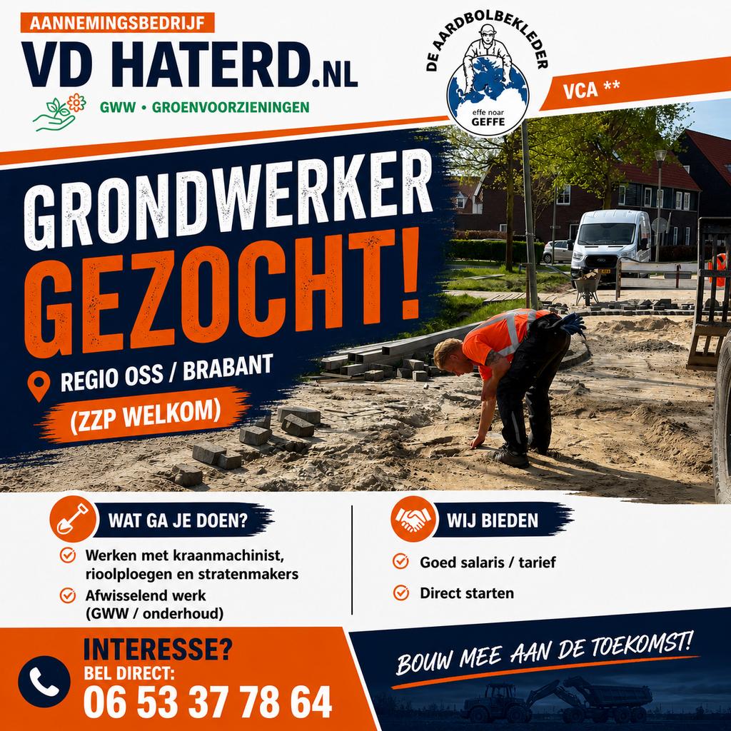 Grondwerker gezocht!  Regio Brabant, Vacatures, 33 - 40 uur, Overige niveaus, Starter, Vast contract