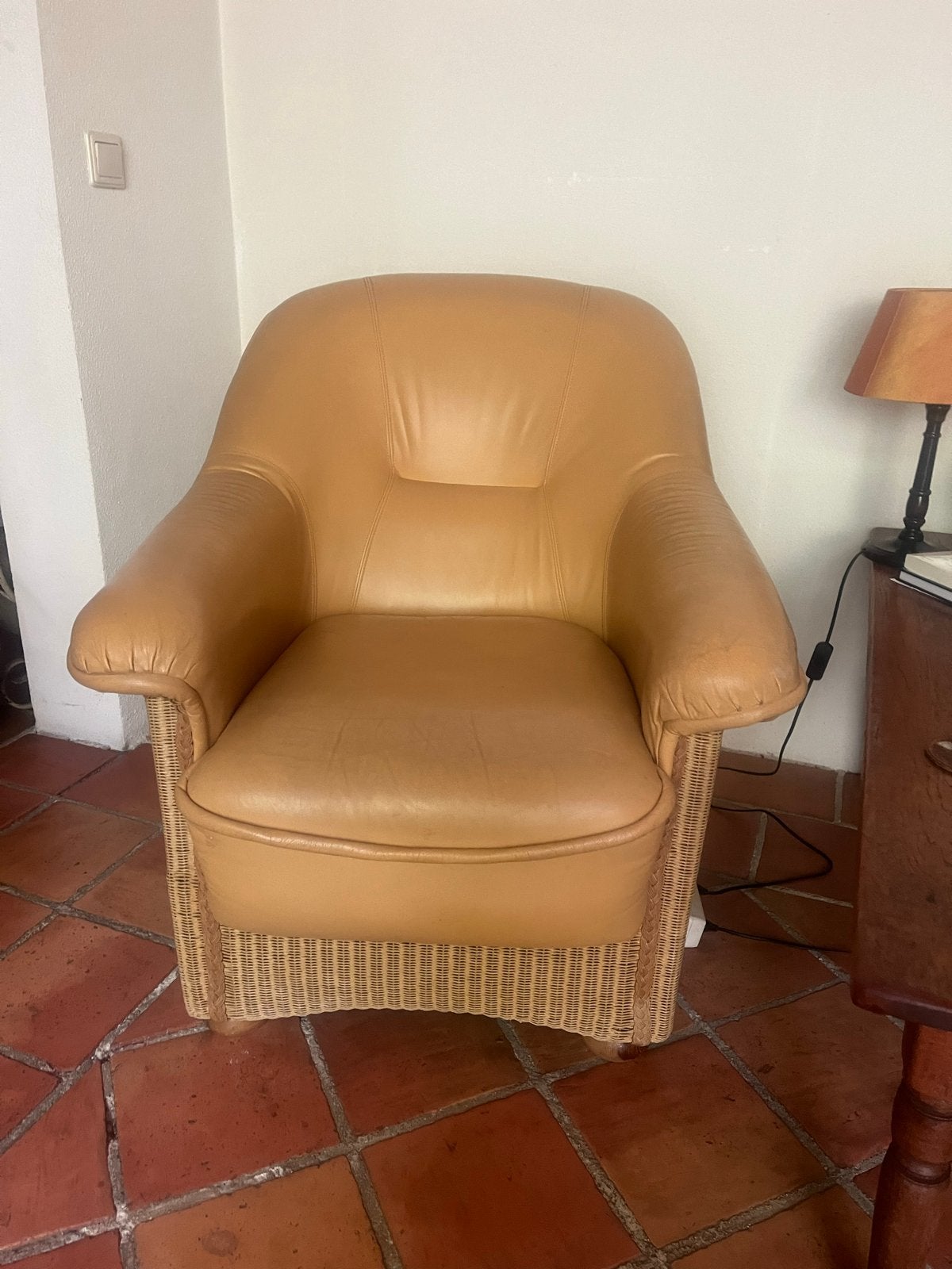 Loom Design Zetel - Leer met Riet Ommanteling, Ophalen of Verzenden, Gebruikt, Leer, 75 tot 100 cm