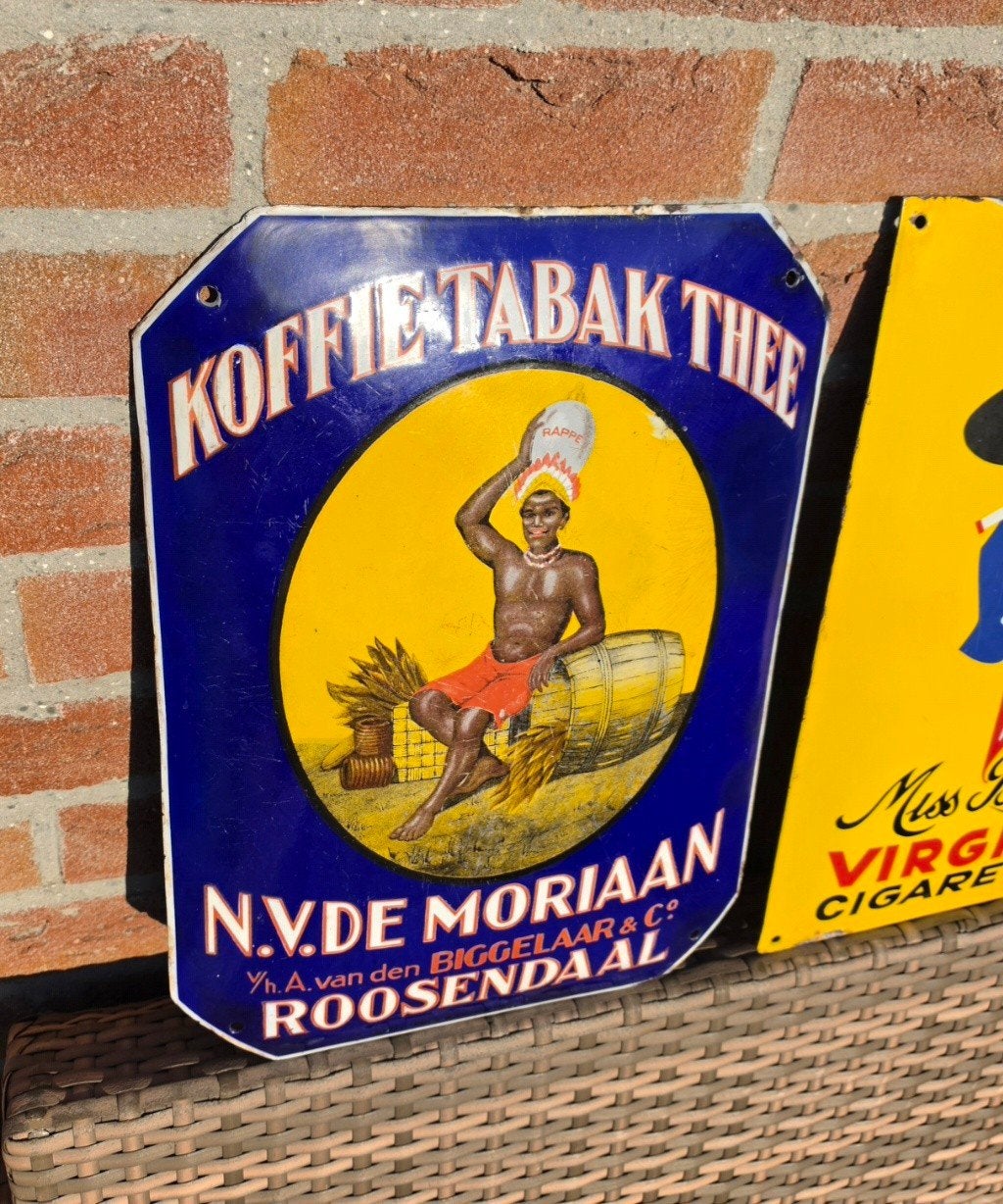 Oud emaille reclamebord Moriaan koffie tabak thee Rozendaal, Ophalen of Verzenden, Gebruikt, Reclamebord
