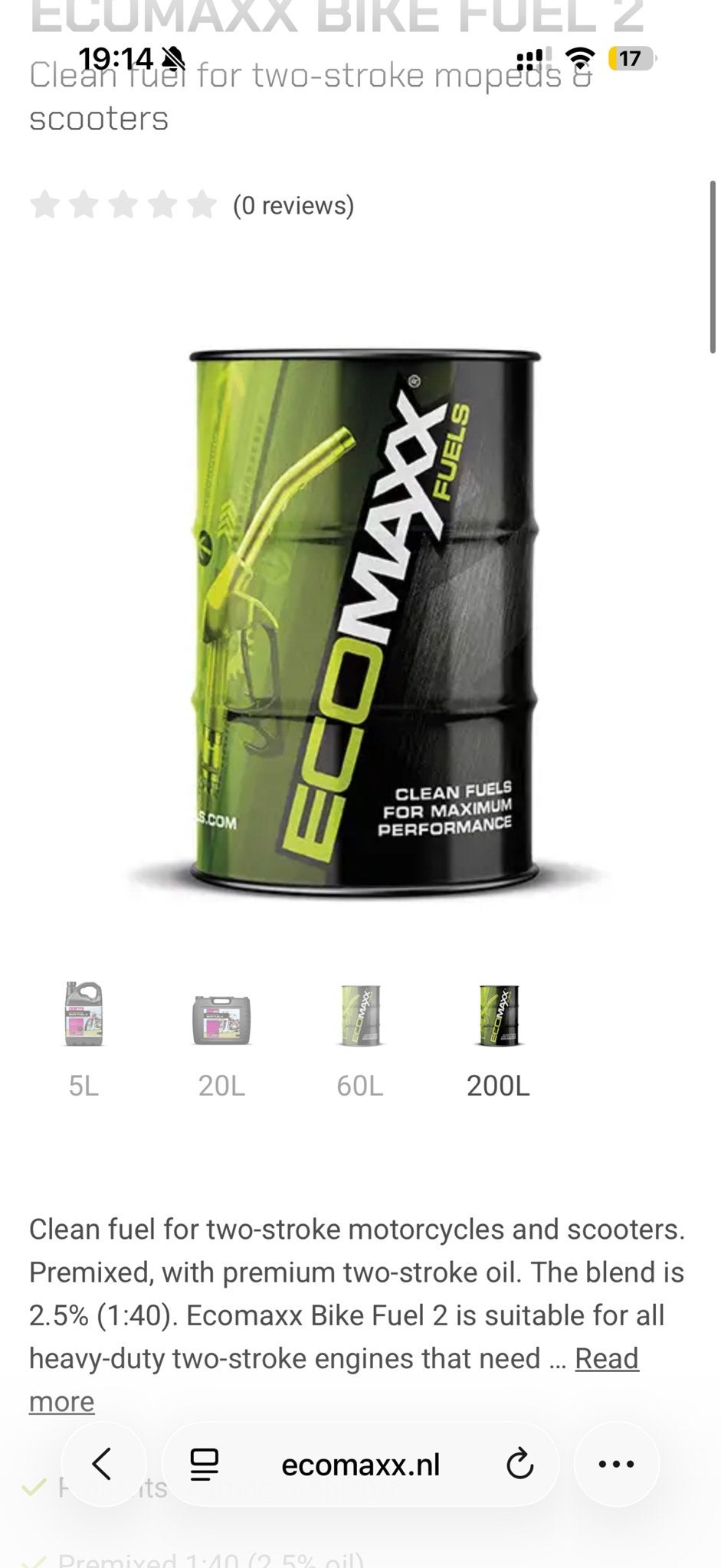 Ecomaxx Bike Fuel 2 - Schone 2-takt benzine, Ophalen, Nieuw
