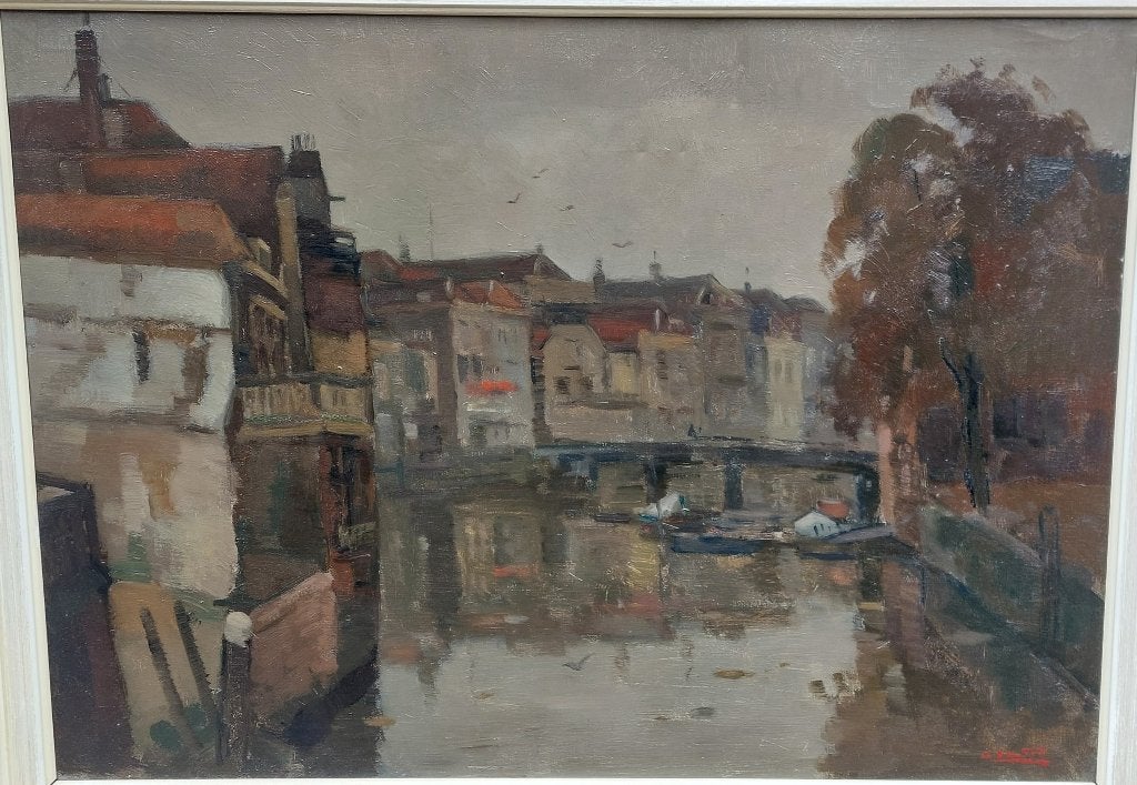 Wijnbrug Dordrecht door Cor Noltee, Antiek en Kunst, Ophalen, Doek, Impressionistisch, Olieverf