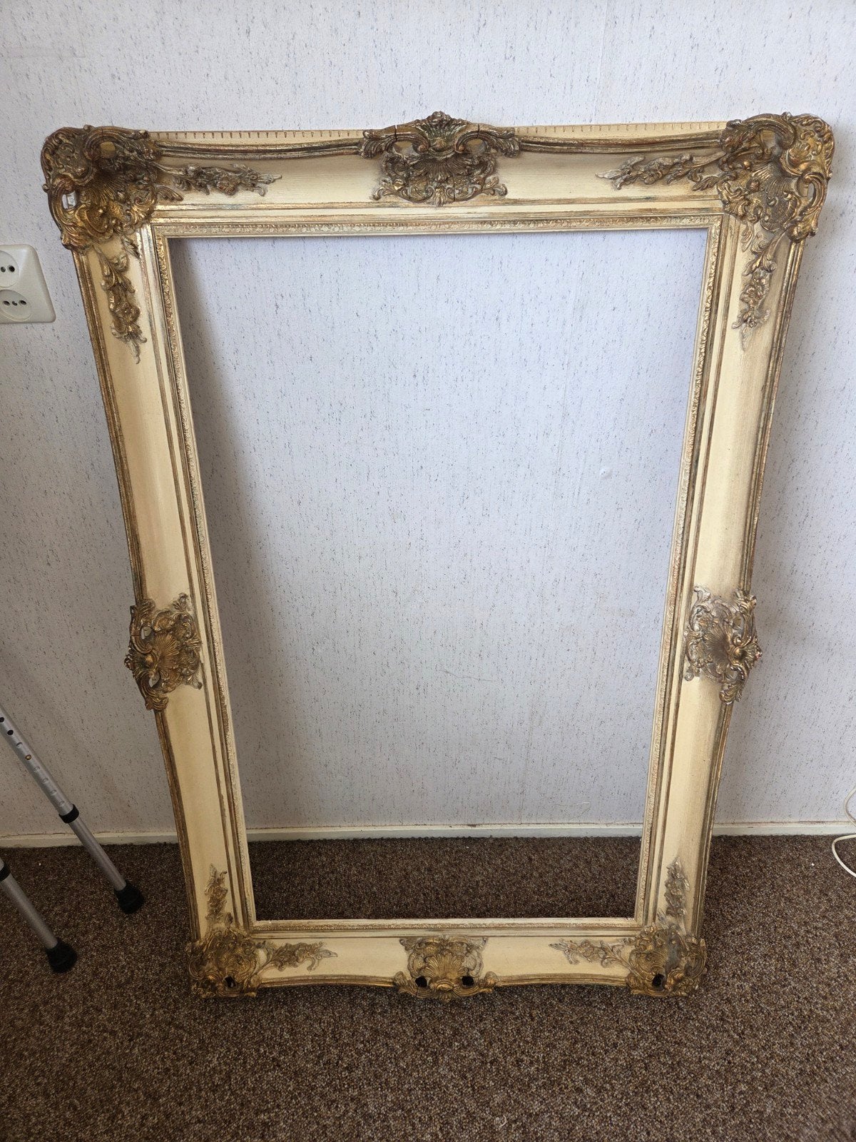 Grote antieke spiegel/schilderijlijst, crème met goud, Huis en Inrichting, Ophalen, Gebruikt, Schilderijlijst, Beige