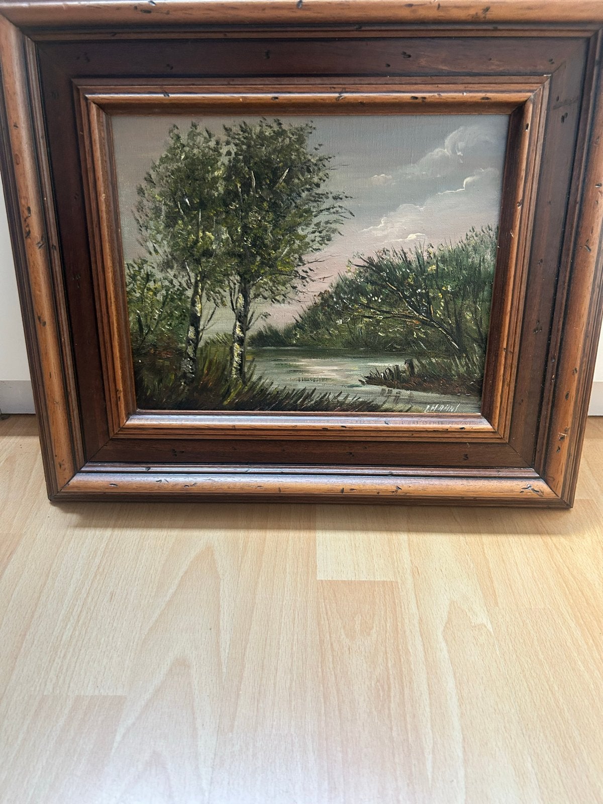 Schilderij: Landschap met water en bomen, gesigneerd, Doek, Ophalen of Verzenden, Gesigneerd, Landschap