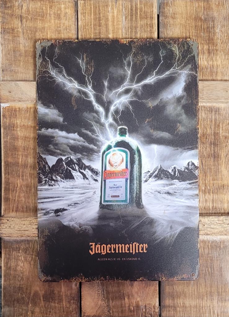 Jagermeister fles bliksem reclamebord van metaal wandbord, Reclamebord, Info@deconoord.nl, Deco Noord, Monetpassage 19 Emme