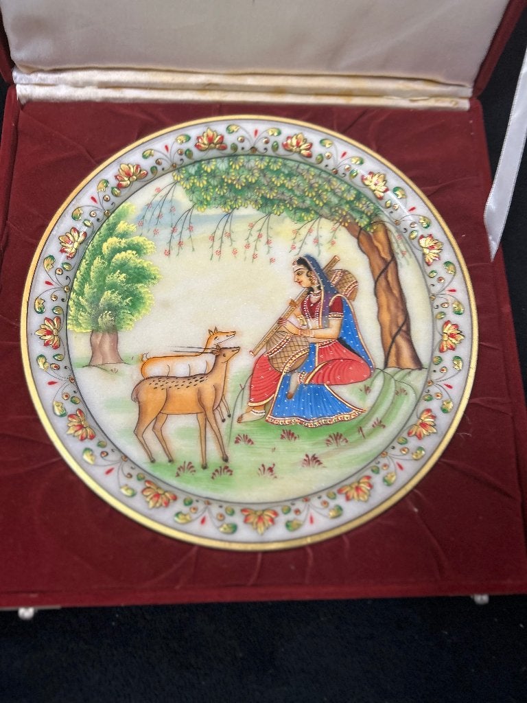 INDIA Gold inlay handwerk India bord Jaipur Marble in doos, Antiek en Kunst, Ophalen of Verzenden