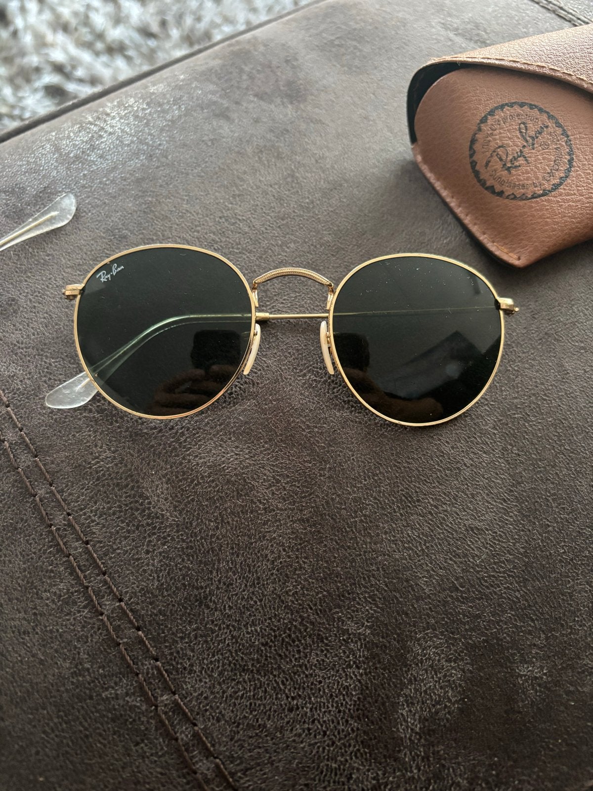 Ray-Ban Round Metal Zonnebril RB3447 Goud/Groen, Gebruikt, Zonnebril, Ophalen of Verzenden, Ray-Ban