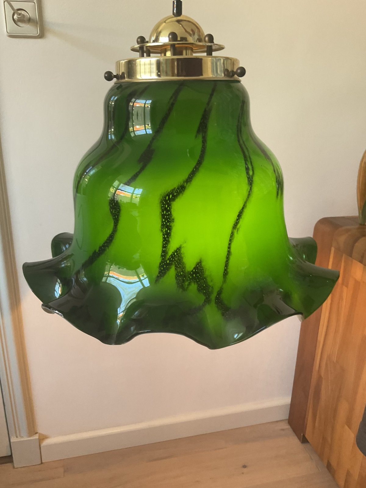 Vintage Groene Hanglamp met Messing Details Peill en Putzler, Ophalen of Verzenden, Gebruikt, Glas