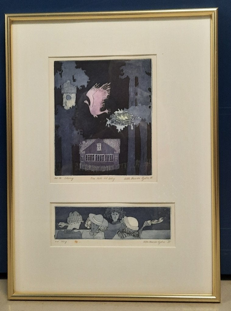 Ingelijste etsen van Hilde Skaaren Fystro (1988), Ophalen, Dagelijks leven, Met tekst, 60 cm