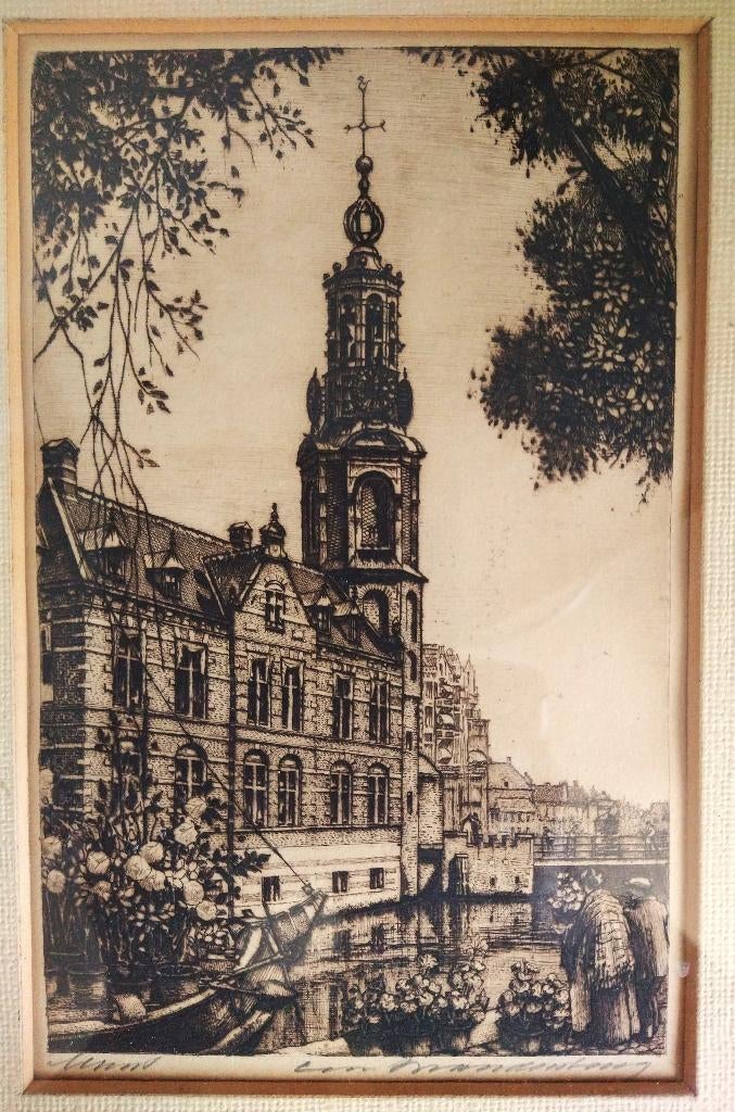 Ets Cornelis Brandenburg - Munt Amsterdam bloemenmarkt, Antiek en Kunst, Kunst | Etsen en Gravures, Ets, Gesigneerd, Ingelijst