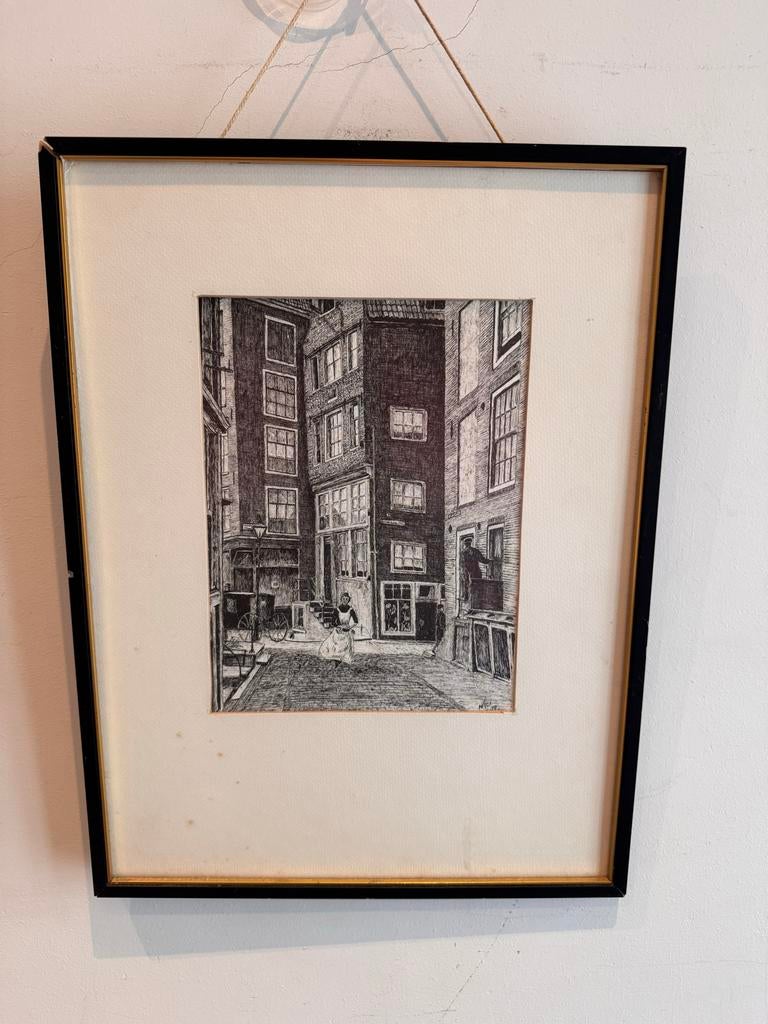 Zwart-wit tekening 'Nieuwe Burgsteeg Amsterdam' gesigneerd,, Antiek en Kunst, Ophalen of Verzenden