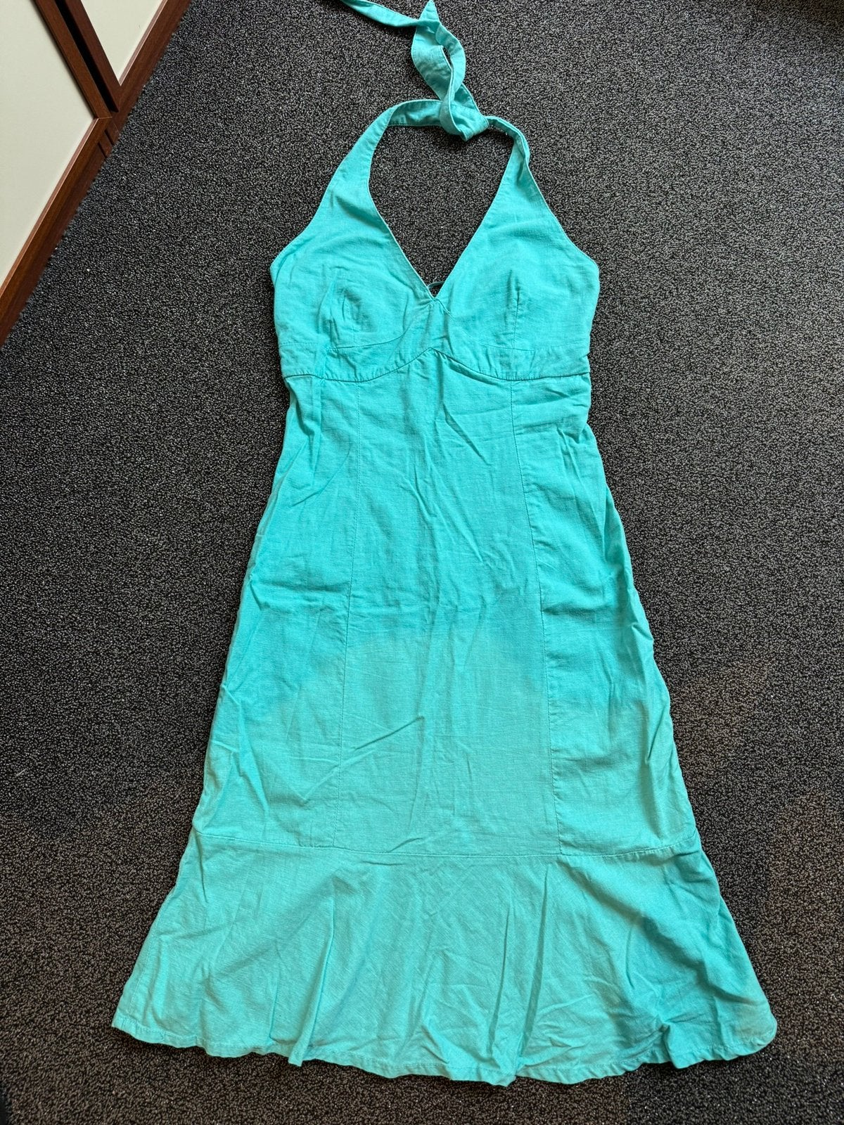Turquoise linnen jurk halter model maat 36, Blauw, Ophalen of Verzenden, Zo goed als nieuw, Knielengte