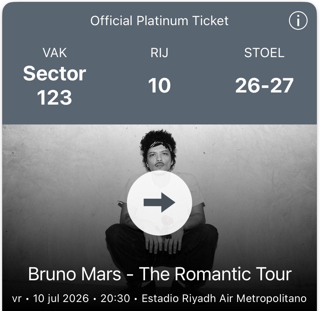 2x Platinum tickets Bruno Mars - 10 Juli - Madrid Spanje, Twee personen