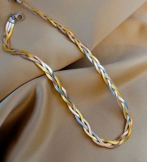Sieraden set juwelen drie kleuren goud ketting + armband, Ophalen of Verzenden, Nieuw, Goud, Overige materialen