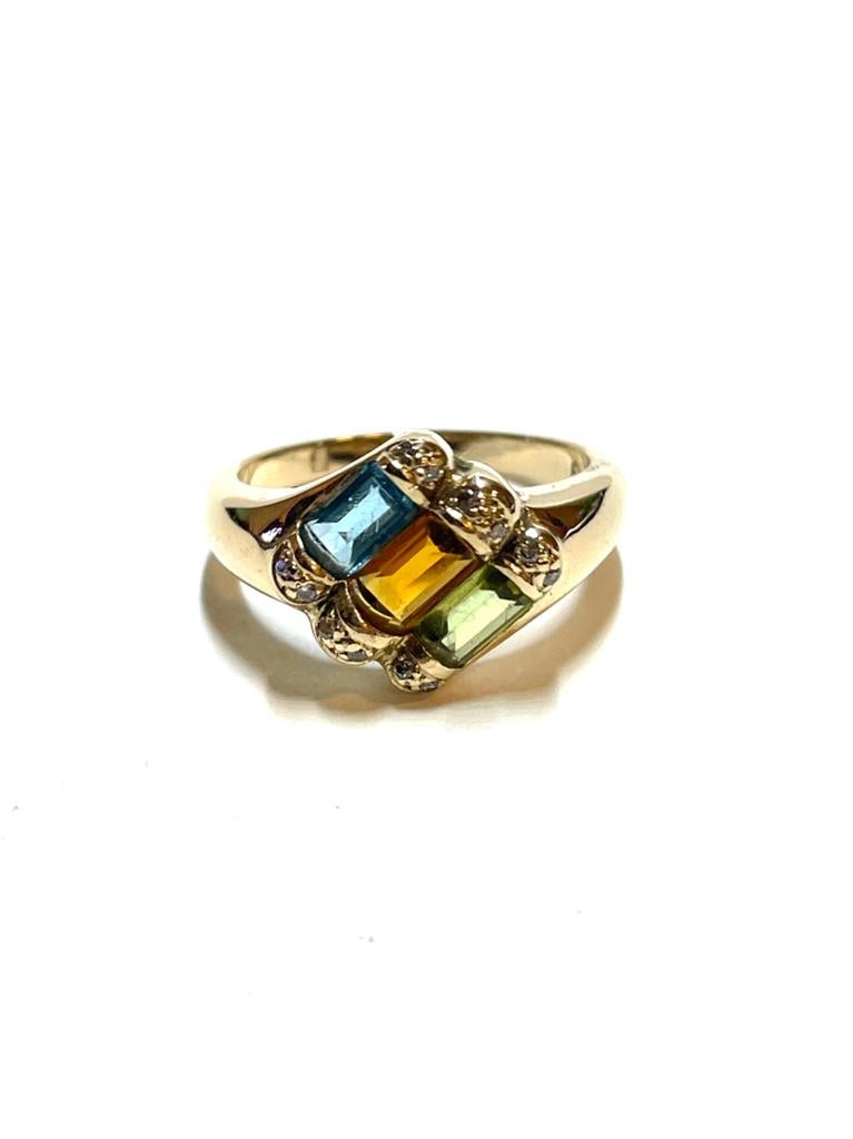 14k gouden ring met topaas, citrien, peridoot en diamant, Sieraden, Tassen en Uiterlijk, Ringen, -, -, Ophalen of Verzenden, Zo goed als nieuw