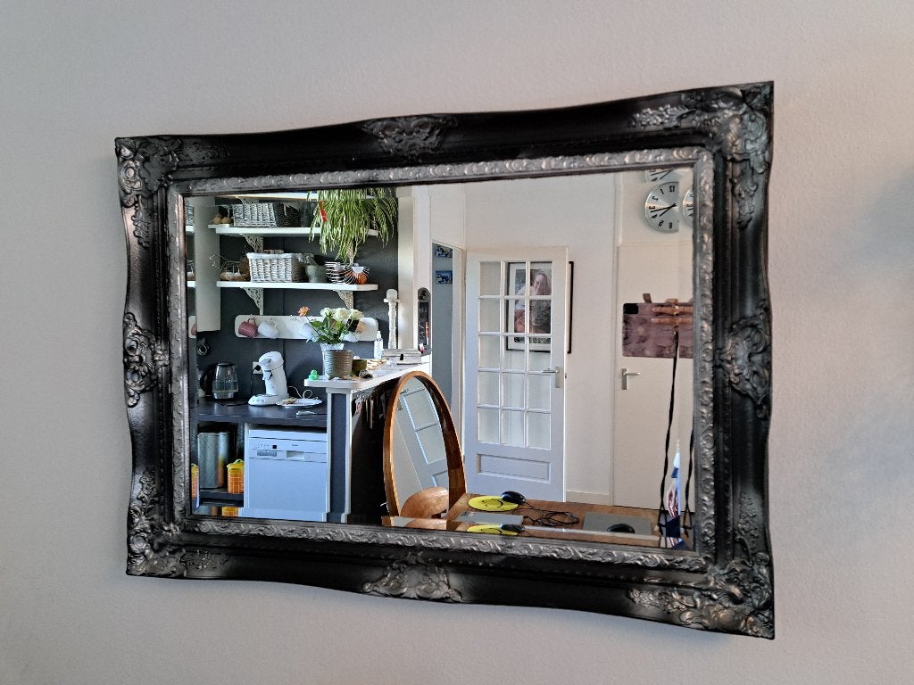Antieke Spiegel Brocante Zwart Zilver Geslepen Rand, Antiek en Kunst, Antiek | Spiegels, Ophalen, Rechthoekig, 100 tot 150 cm