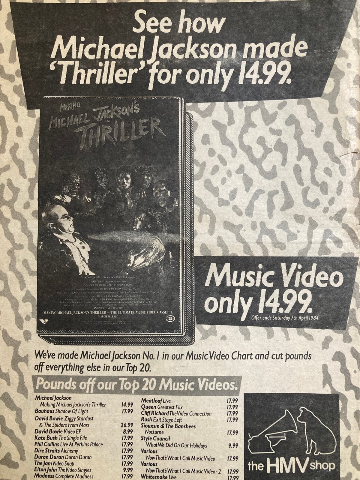 Paginagrote A3 advertentie MICHAEL JACKSON Thriller video, Verzamelen, Ophalen of Verzenden, Gebruikt, A1 t/m A3