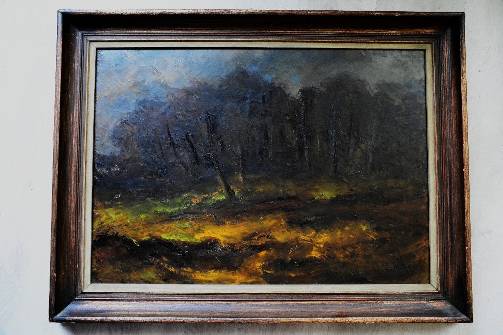 Schilderij "Bosrand" – Henk Bies, 1985, Antiek en Kunst, Ophalen, Doek, Olieverf, Klassiek