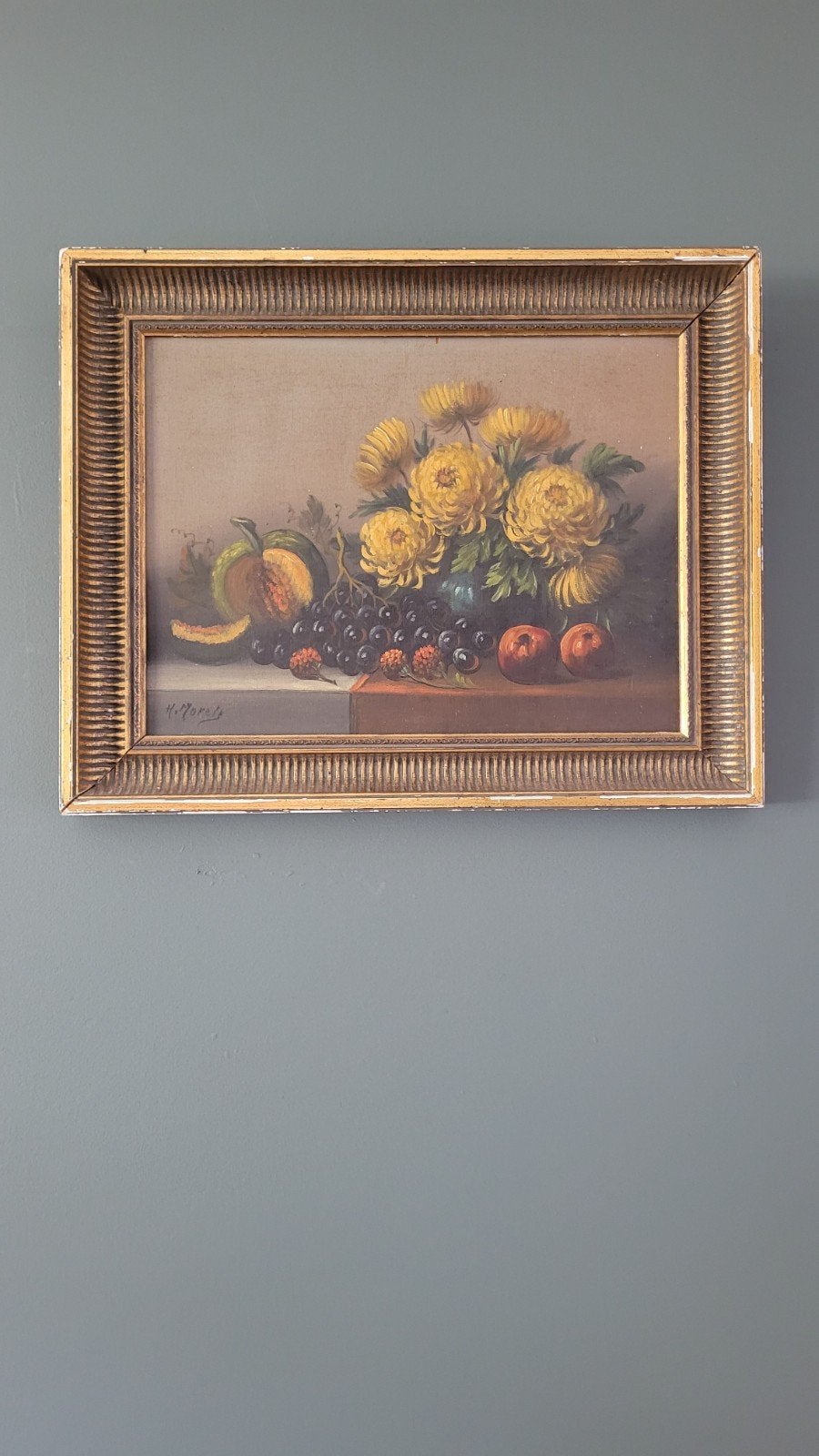 Klassiek stilleven met bloemen en fruit, gesigneerd, Ophalen, Doek, Stilleven, Klassiek