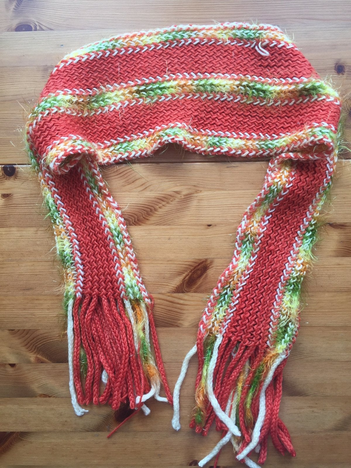 Originele zgan gehaakt oranje groene gele gebreid sjaal boho, Ophalen of Verzenden, Zo goed als nieuw, Maat 38/40 (M), Sjaal