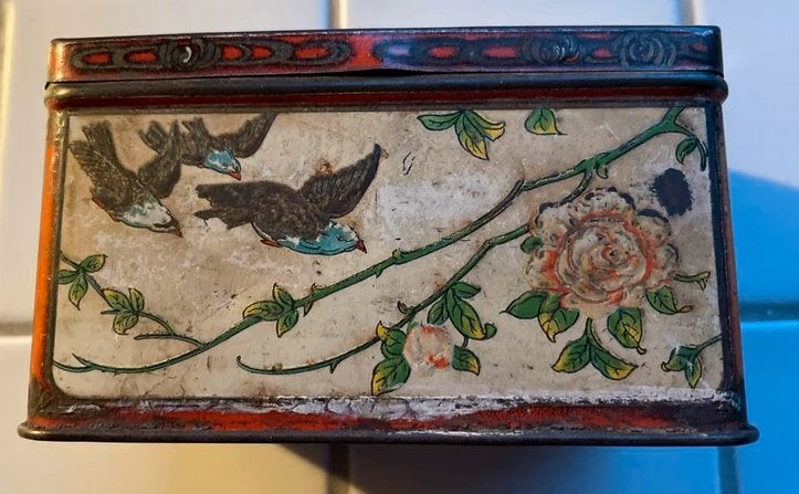 Vintage Oud Blikje met Bloemen en Vogels - 12x7x7 cm, Verzamelen, Ophalen of Verzenden, Gebruikt, Overige