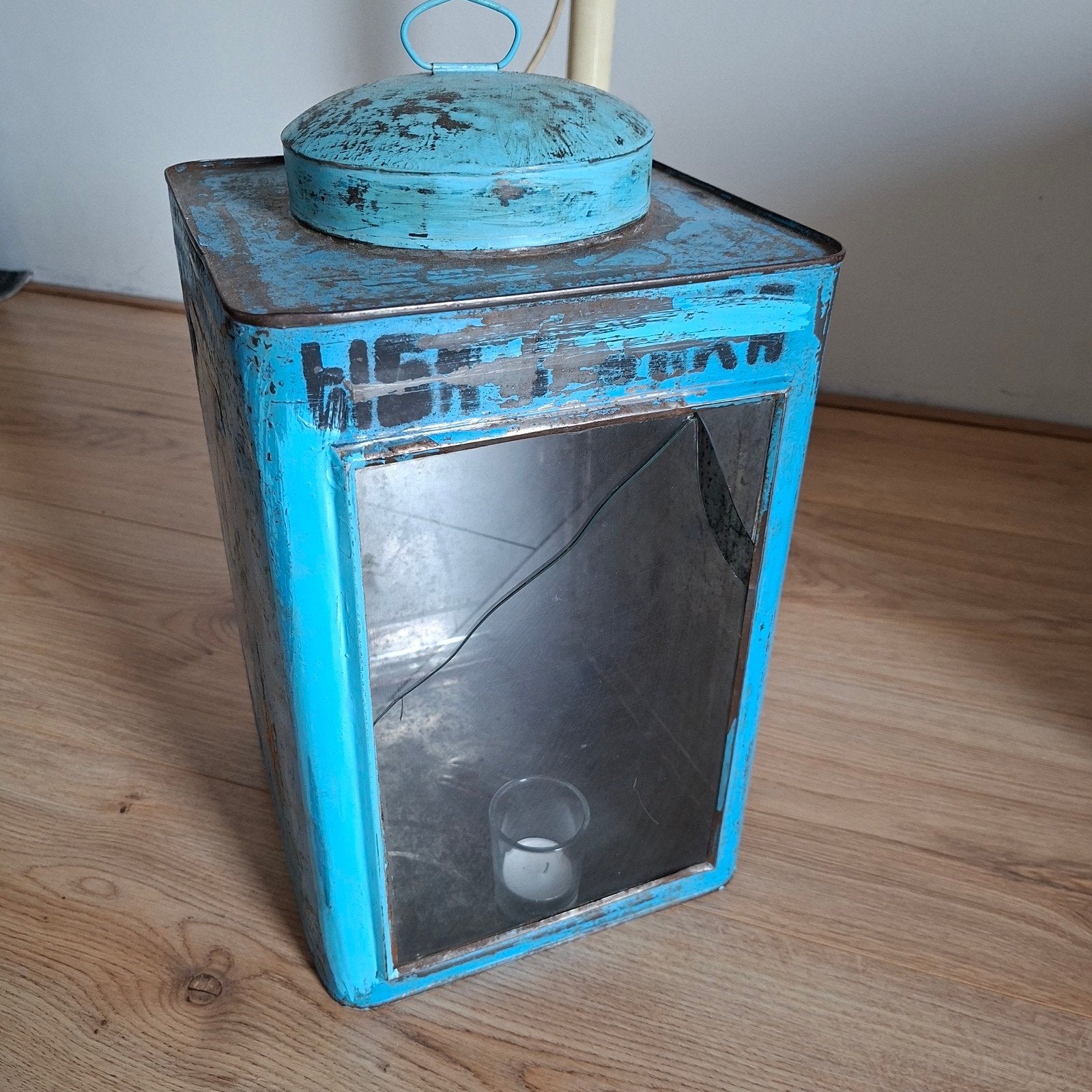 India kroepoek blik windlicht bohemian groot, Ophalen, Gebruikt, Lantaarn, Blauw