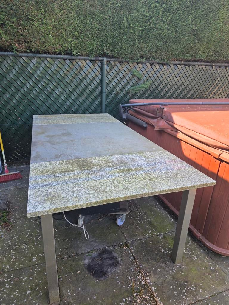 Eettafel met graniet en blauwsteen blad, rvs onderstel, Tuin en Terras, Ophalen of Verzenden