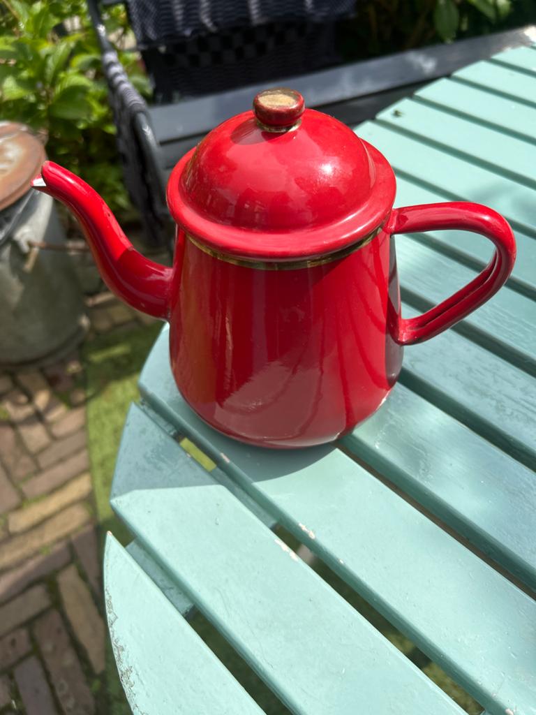 Vintage rode emaille koffiepot, 17 cm hoog, Ophalen of Verzenden