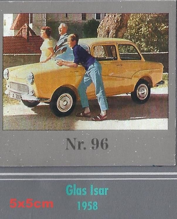 Vp96 autokaartje glas isar ---1958 --- afmeting 5 x 5 cm, Ophalen of Verzenden, Zo goed als nieuw, Auto's
