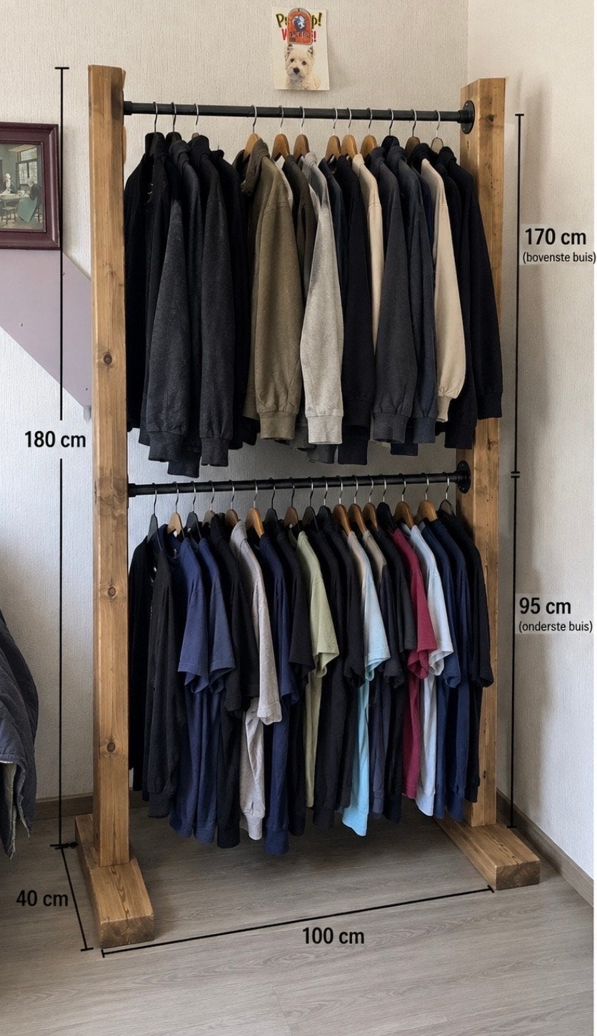 Robuust houten kledingrek met dubbele stang, Ophalen of Verzenden, Nieuw