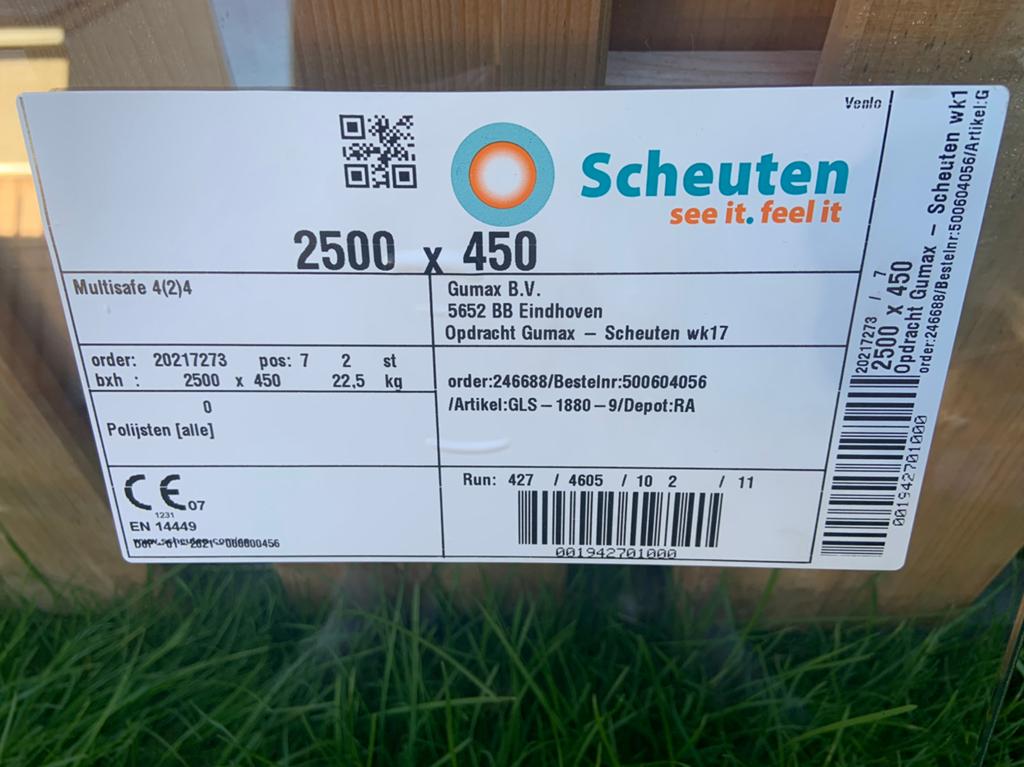 Nieuwe Glasplaat 2500x450mm origineel tbv Gumax overkapping, Ophalen, Minder dan 80 cm, Nieuw, 160 cm of meer