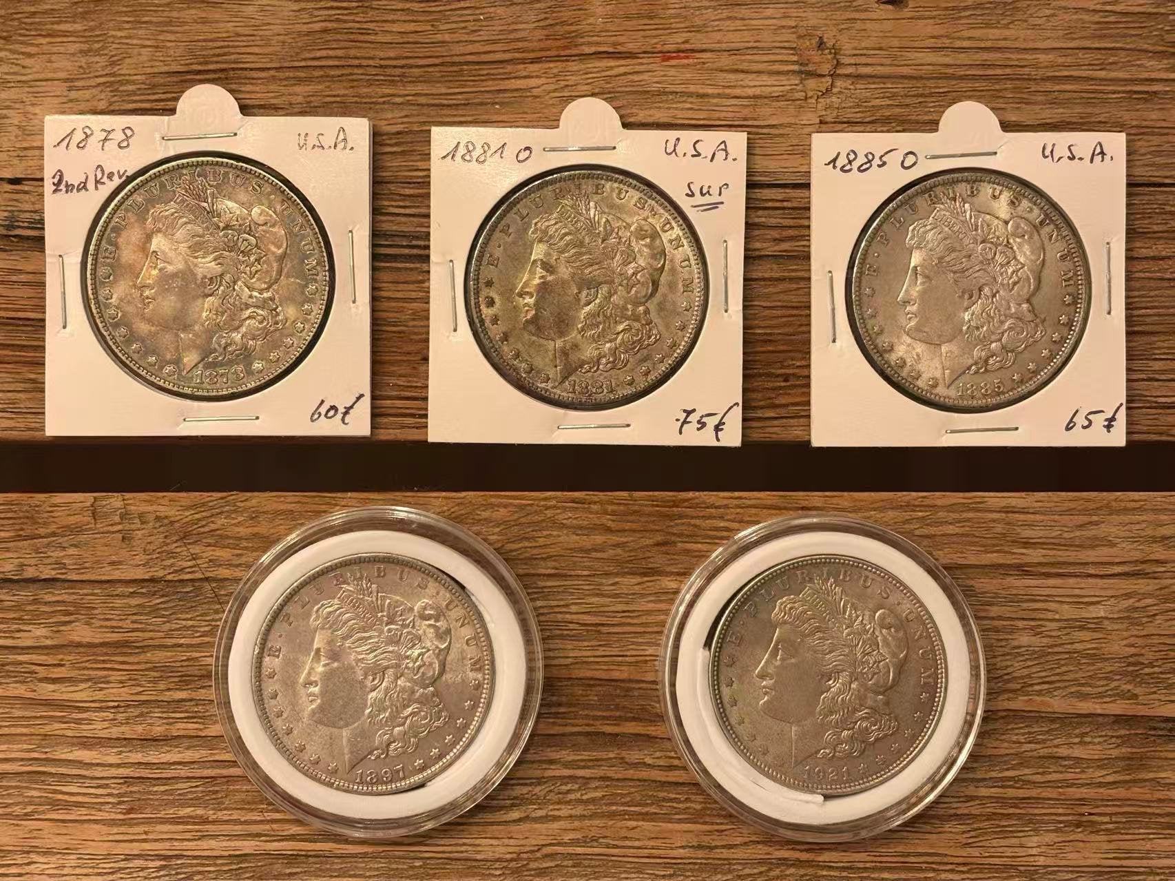 5 Morgan Silver Dollars – 1878, 1881-O, 1885-O, 1891 & 1921, Ophalen, Vóór koninkrijk, Setje, Zilver
